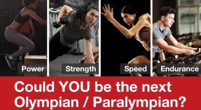 Photos of four athletes training with the text: power, strength, speed and endurance overlaid. On a red background, in white font it says Could you be the next Olympian/Paraluympian?